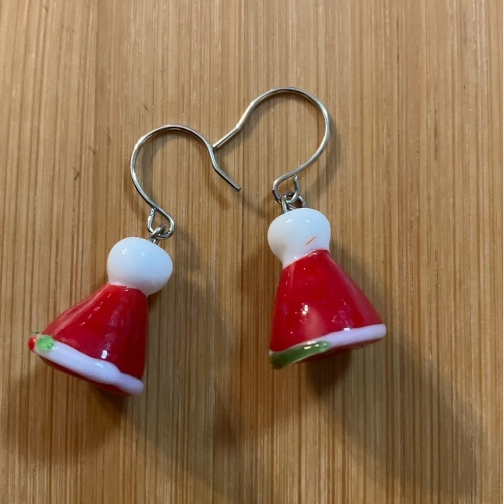 Hand Crafted Santa Claus Hat Earrings and Stretch Bracelet Red White Christmas